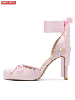 Satin Stiletto Heels Lace-Up Ankle Strap Bow Square Toe Pumps 3.6in